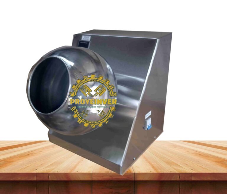 Bombo Grageador de Sobremesa: compacto, eficiente y diseñado en acero inoxidable para pequeñas producciones de chocolate y confitería, con resultados profesionales en cada grageado.