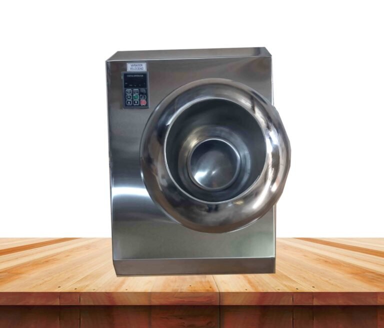 Bombo Grageador de Sobremesa: compacto, eficiente y diseñado en acero inoxidable para pequeñas producciones de chocolate y confitería, con resultados profesionales en cada grageado.