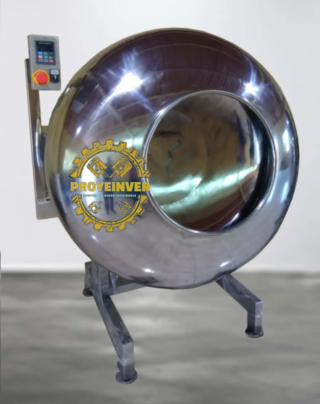 grageador industrial de acero inoxidable Proyeinver S.A.C. con variador de velocidad, ducto de aire giratorio y control digital de temperatura.