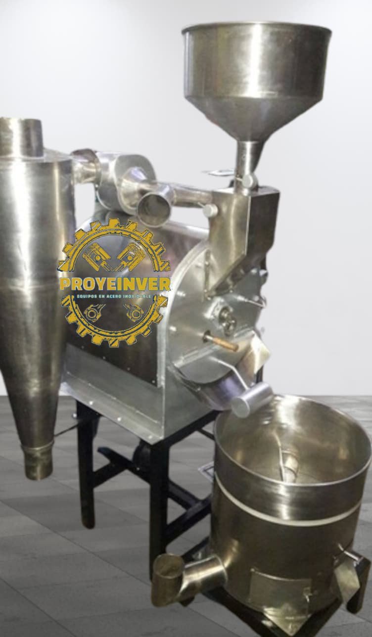 Tostadora de cacao y café industrial de acero inoxidable con control de temperatura precisa, fabricada por Proyeinver SAC.
